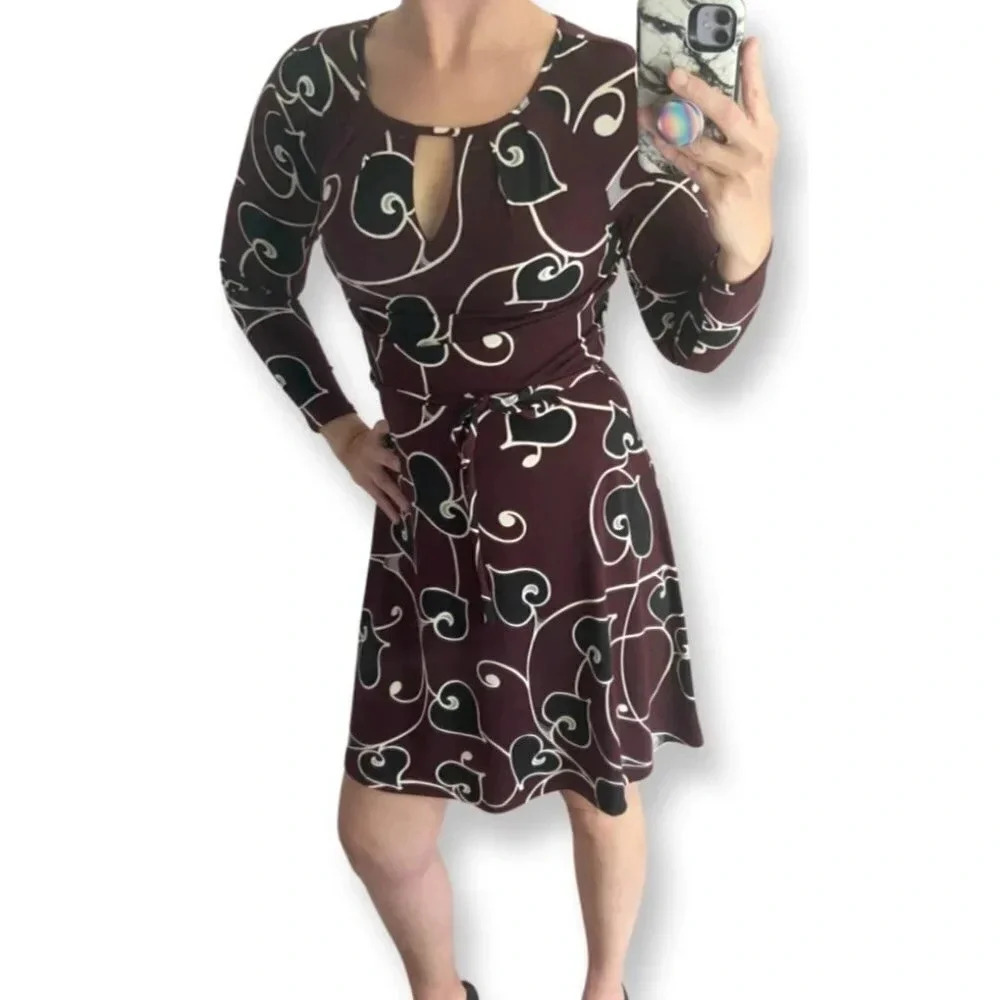 Ann Taylor Factory Small Burgundy and Black Heart Scroll Short Dress Long Sleeve
